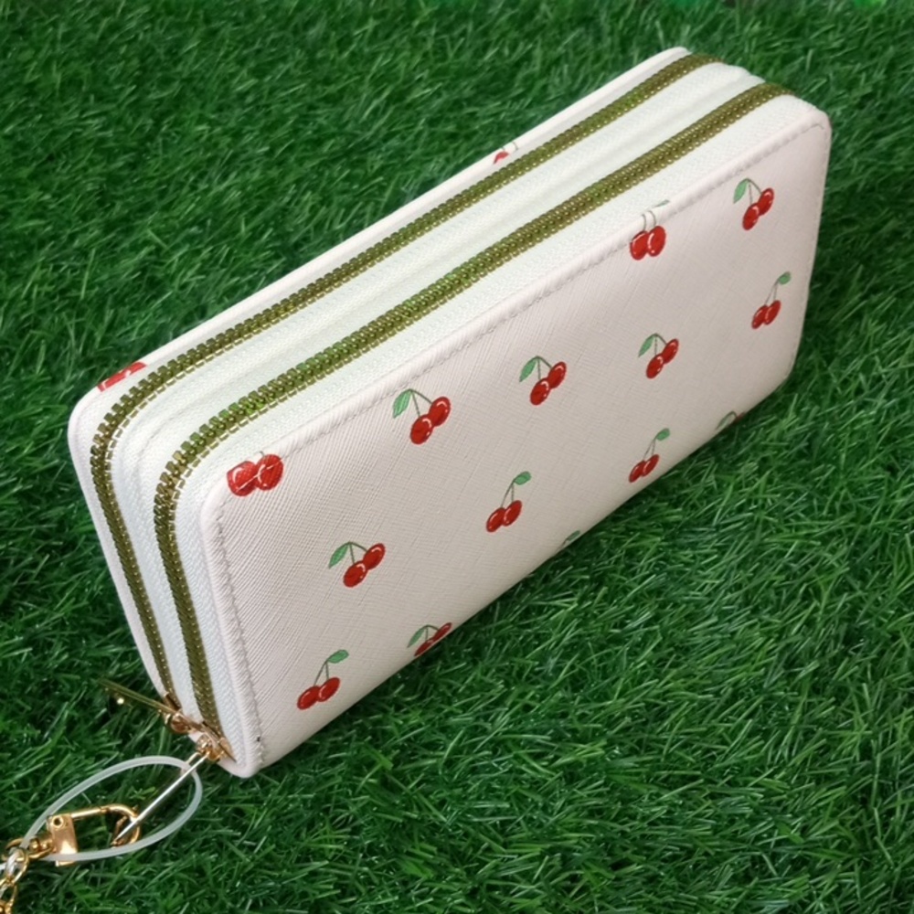 👜 Blush Kiss Cherry Print Double Zip Around Wallet - Picture 4 of 6